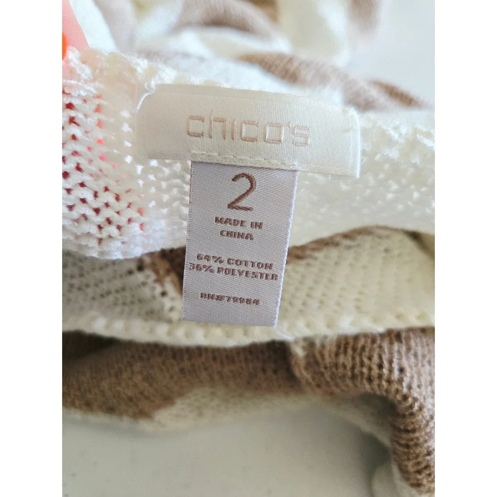 Chico's 2 Womens Chevron Stripe V-Neck Roll-Tab Sleeve‎ Sweater White Beachy